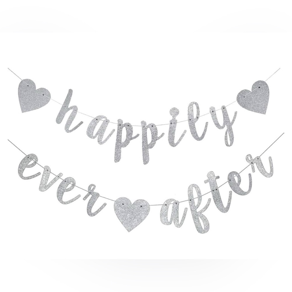 Happily Ever After silver glitter banner assembled